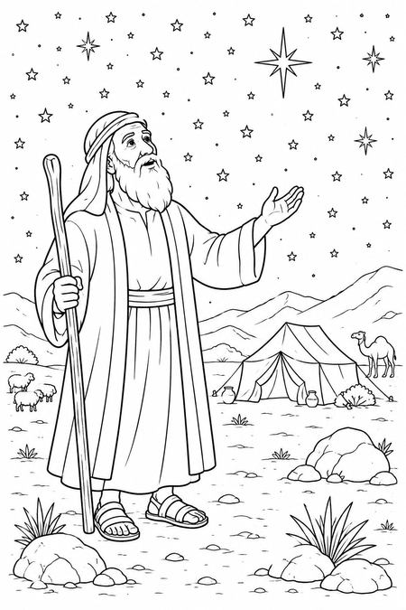 Abraham and the Stars coloring page, free printable line art