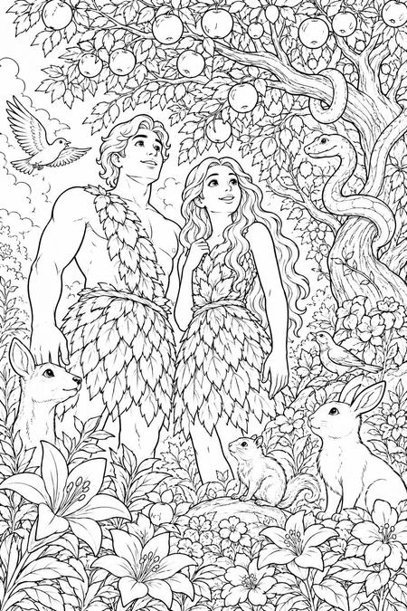 Adam and Eve coloring page, free printable line art