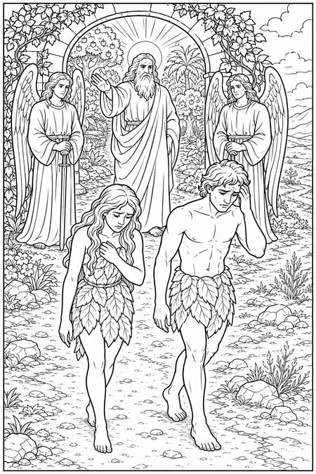 Adam and Eve coloring page, free printable line art