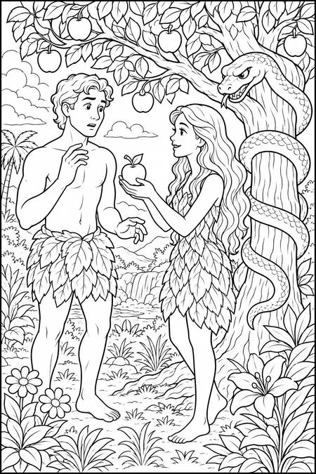 Adam and Eve coloring page, free printable line art