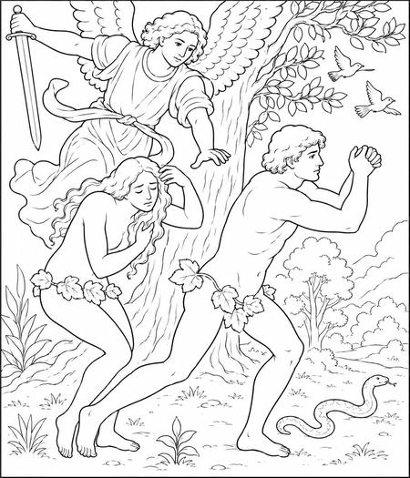 Adam and Eve coloring page, free printable line art