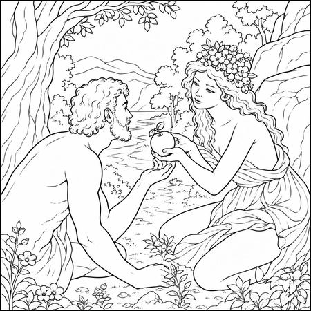 Adam and Eve coloring page, free printable line art