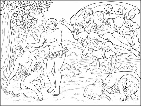 Adam and Eve coloring page inspired by Adam and Eve by Domenichino, free printable line art