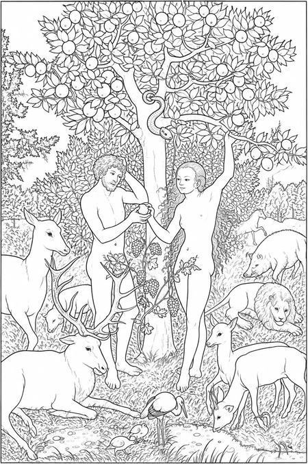 Adam and Eve coloring page inspired by Adam and Eve by Lucas Cranach, free printable line art