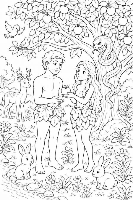 Adam and Eve coloring page, free printable line art
