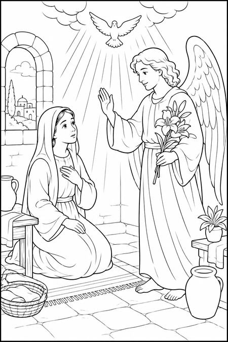 The Annunciation coloring page, free printable line art