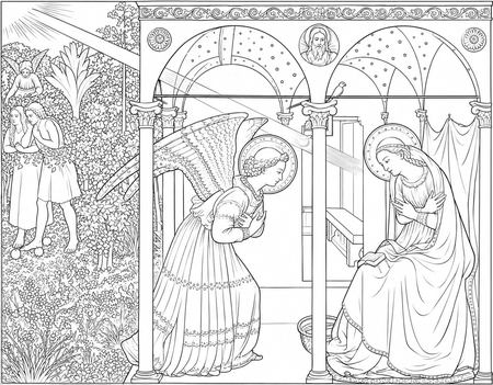 The Annunciation coloring page inspired by The Annunciation by Fra Angelico, free printable line art