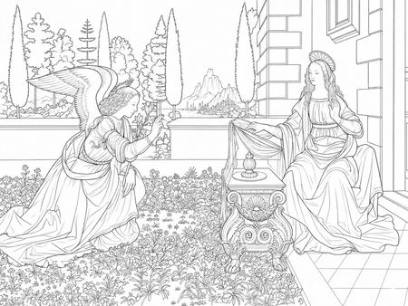 The Annunciation coloring page inspired by The Annunciation by Leonardo da Vinci, free printable line art