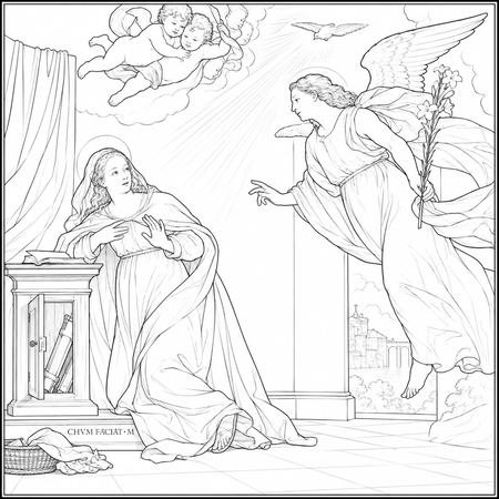 The Annunciation coloring page inspired by The Annunciation by Philippe de Champaigne, free printable line art