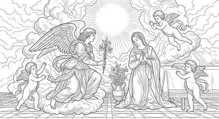 The Annunciation coloring page, free printable line art