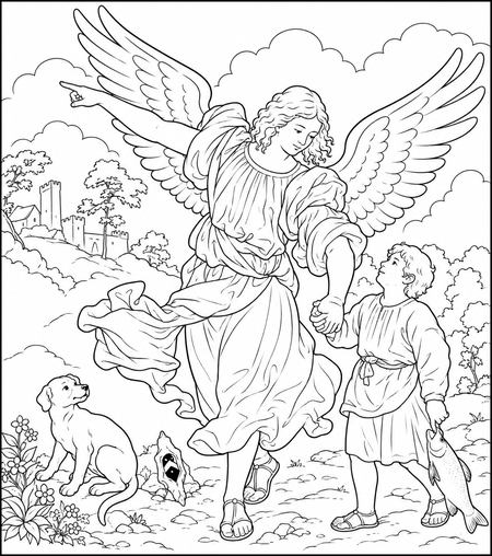 The Archangel Raphael and Tobias coloring page inspired by The Archangel Raphael and Tobias by Titian, free printable line art