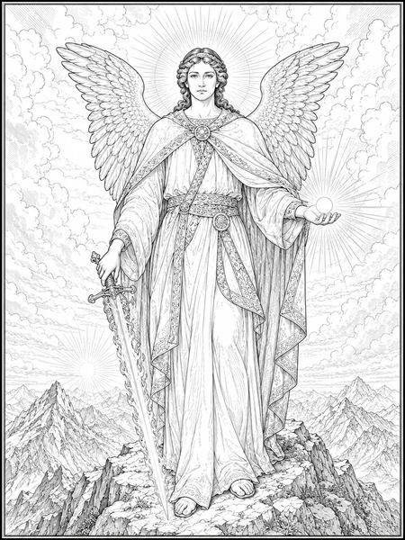 Archangel Uriel coloring page, free printable line art