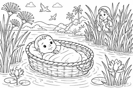 Baby Moses in the Bulrushes coloring page, free printable line art