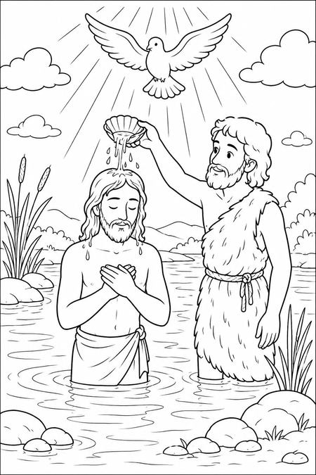 The Baptism of Jesus coloring page, free printable line art