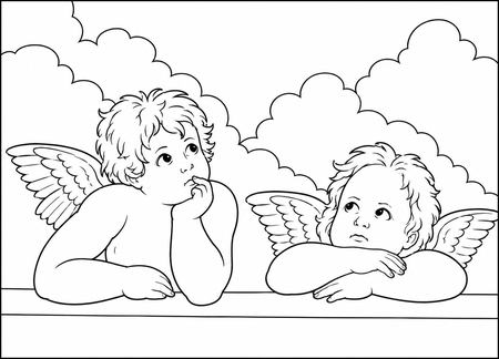 The Two Cherubs (after Raphael) coloring page inspired by the cherubs of the Sistine Madonna by Raphael, free printable line art