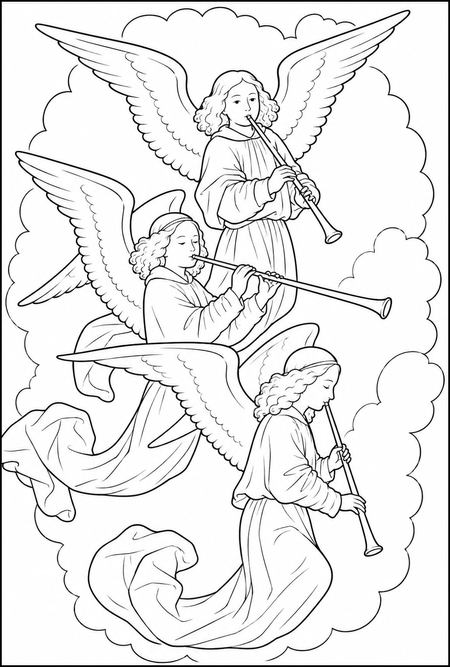 A Choir of Angels coloring page inspired by A Choir of Angels by Simon Marmion, free printable line art