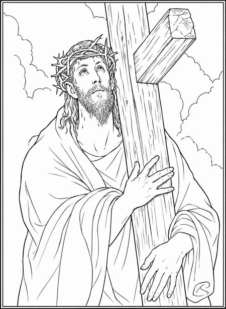 Christ Carrying the Cross coloring page inspired by Christ Carrying the Cross by El Greco, free printable line art
