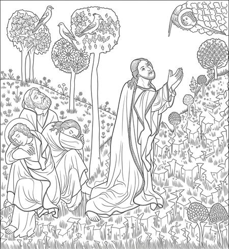 Christ on the Mount of Olives coloring page inspired by Christ on the Mount of Olives by the Master of Vyšší Brod, free printable line art