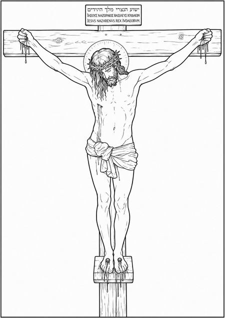 The Crucifixion coloring page inspired by Christ Crucified by Diego Velázquez, free printable line art