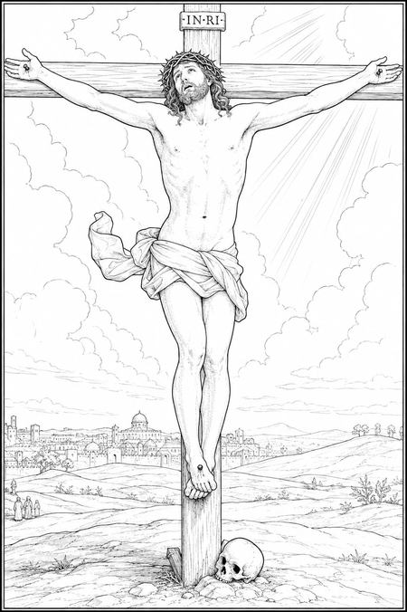 The Crucifixion coloring page inspired by The Crucifixion by Guido Reni, free printable line art