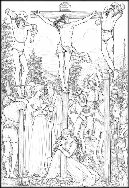 The Crucifixion coloring page inspired by The Crucifixion by Hans Baldung, free printable line art