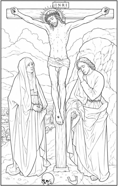 The Crucifixion coloring page inspired by The Crucifixion by Hugo van der Goes, free printable line art