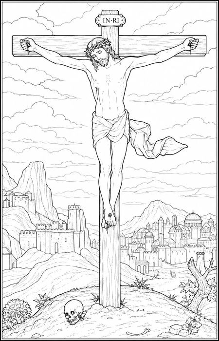 The Crucifixion coloring page inspired by The Crucifixion by Juan Sánchez Cotán, free printable line art