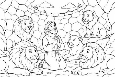 Daniel in the Lions' Den coloring page, free printable line art