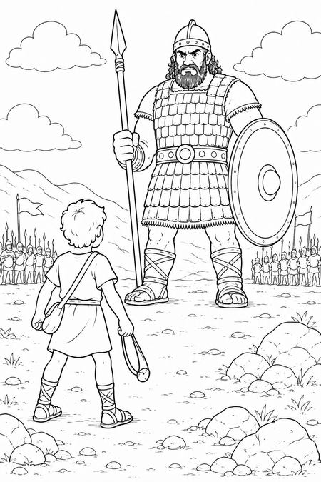 David and Goliath coloring page, free printable line art