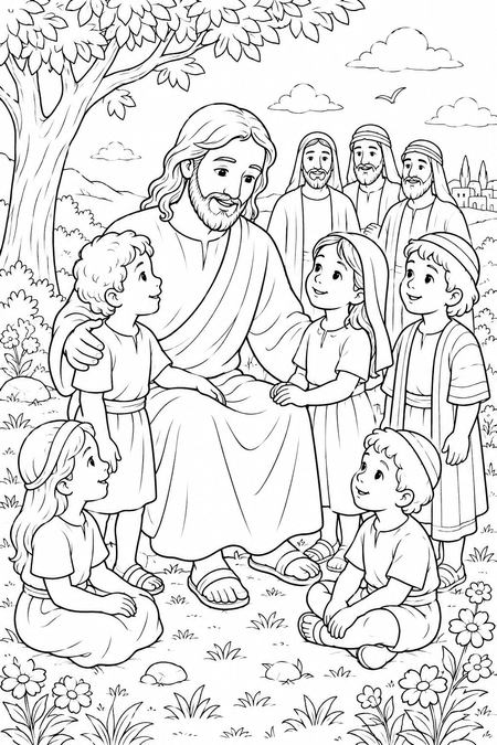 Jesus and the Little Children coloring page, free printable line art