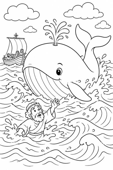 Jonah and the Whale coloring page, free printable line art
