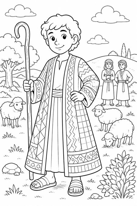 Joseph and His Coat of Many Colors coloring page, free printable line art