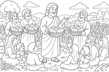 The Multiplication of the Loaves coloring page, free printable line art