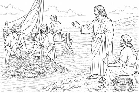 The Miraculous Catch of Fish coloring page, free printable line art