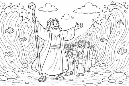 Moses Parting the Red Sea coloring page, free printable line art
