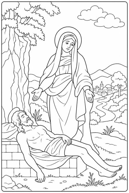 The Pietà coloring page, free printable line art