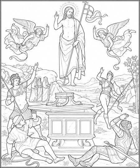 The Resurrection coloring page inspired by The Resurrection of Christ by Raphael, free printable line art