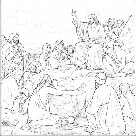 The Sermon on the Mount coloring page inspired by The Sermon on the Mount by Carl Bloch, free printable line art