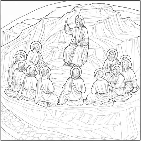 The Sermon on the Mount coloring page inspired by The Sermon on the Mount by Fra Angelico, free printable line art