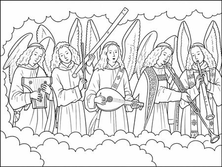 Christ with Singing and Music-Making Angels coloring page inspired by Christ with Singing and Music-Making Angels by Hans Memling, free printable line art