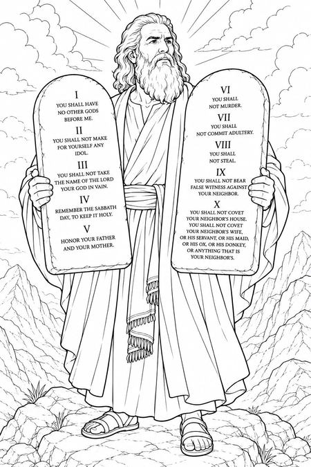 The Ten Commandments coloring page, free printable line art