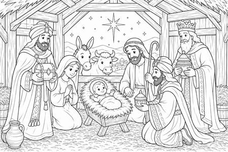 The Three Wise Men coloring page, free printable line art