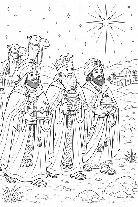 The Three Wise Men coloring page, free printable line art