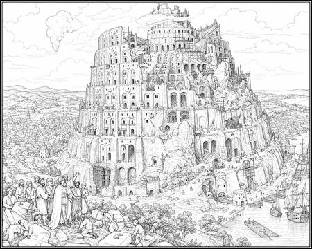 The Tower of Babel coloring page inspired by The Tower of Babel by Pieter Bruegel the Elder, free printable line art