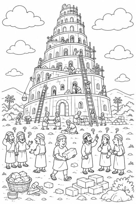The Tower of Babel coloring page, free printable line art