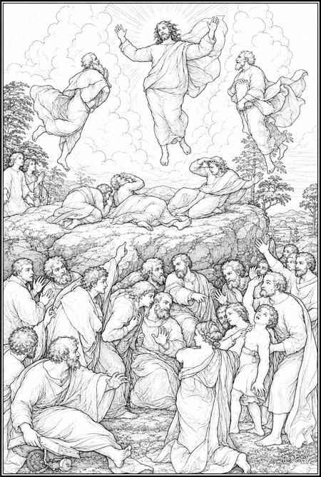 The Transfiguration coloring page inspired by The Transfiguration by Raphael, free printable line art