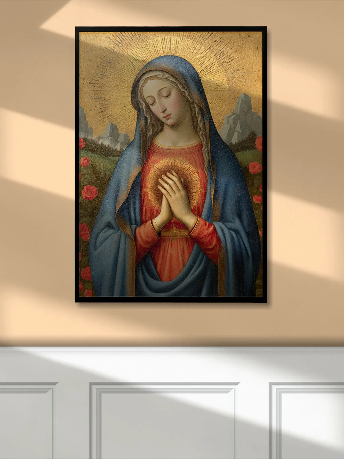 Sacred Virgin Mary Painting Medieval style Canvas (hung on the wall)