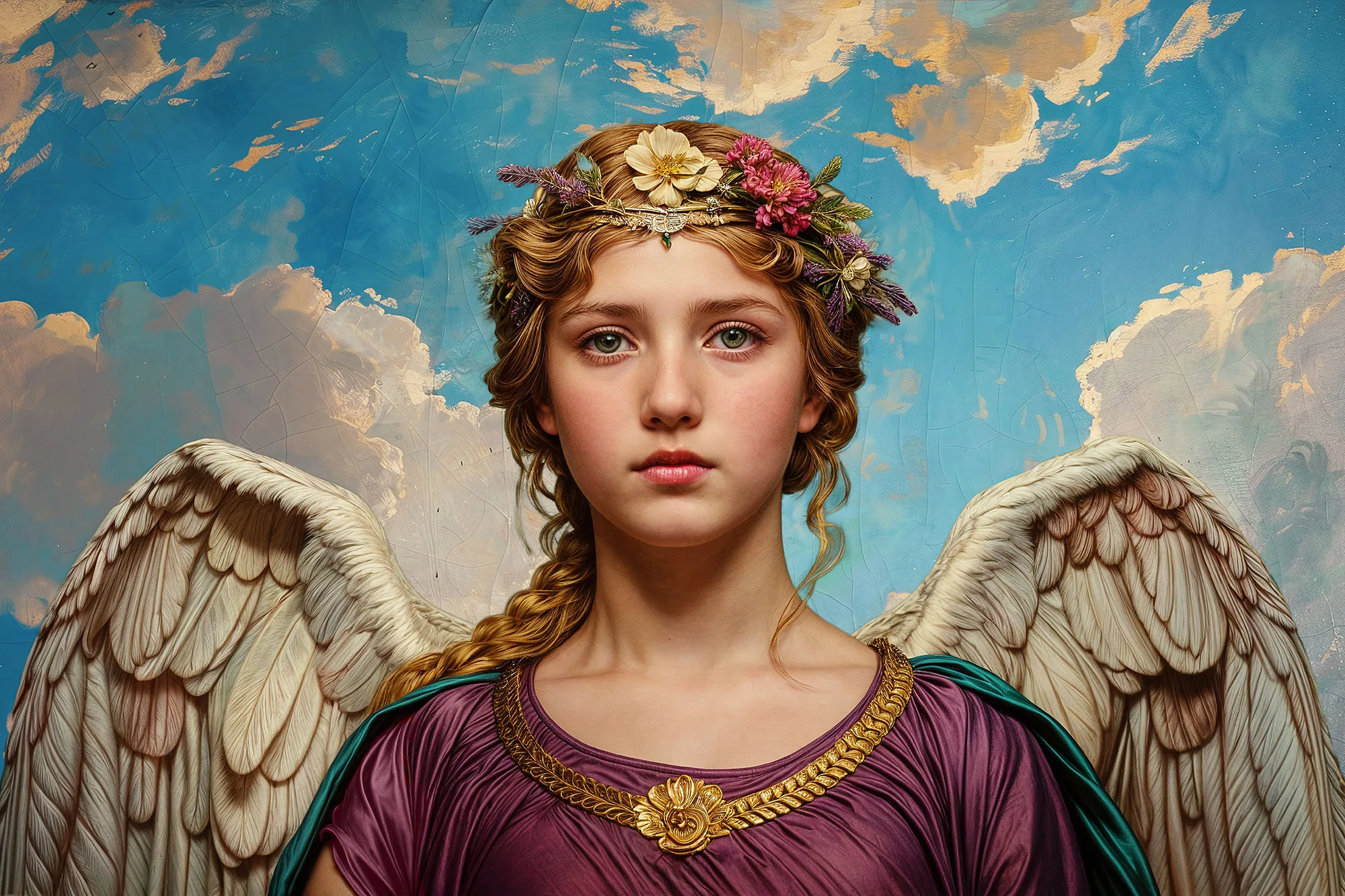 Guardian Angel, Baroque style canvas, a winged angel against a bright sky