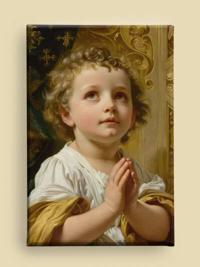 Classical-style child in prayer: golden curls, flowing white and gold robes, and radiant golden background (front view)