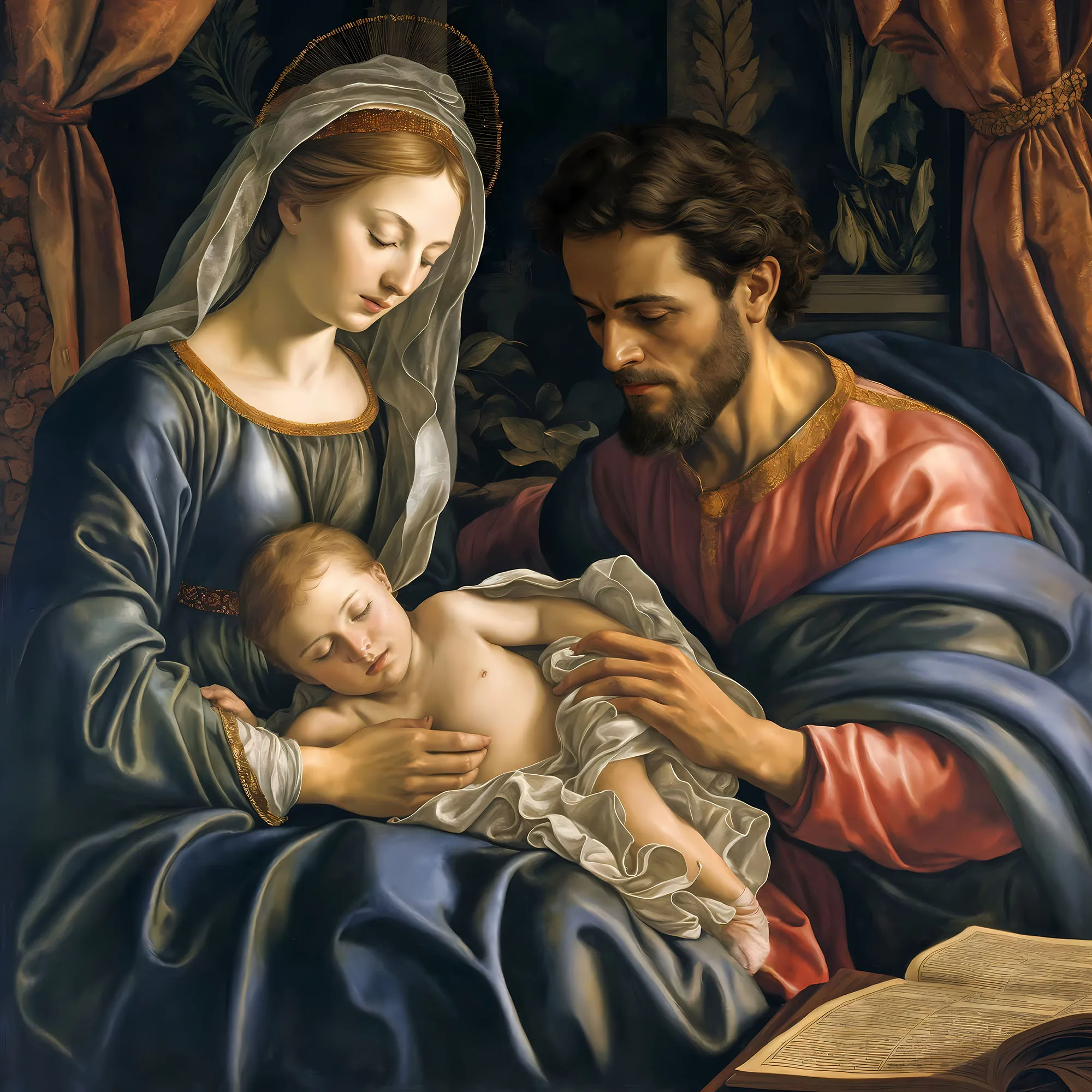 Mary in deep blue robes cradles the infant Jesus as Joseph reaches tenderly toward him, set in a warm Renaissance interior with golden halos, rich fabrics, and an open Bible.